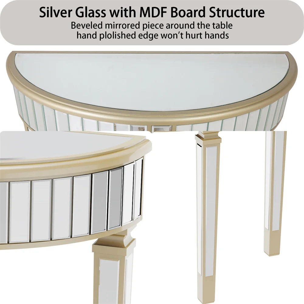 LUVODI Half-Round Mirrored Glass Curved Entryway & Living Room Accent Desk