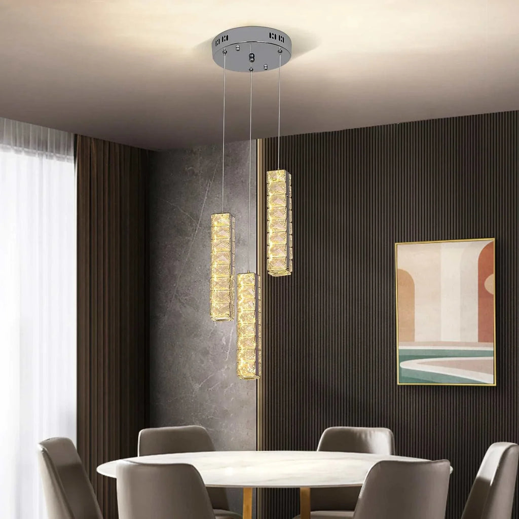 VETRULUS Nordic K9 Crystal LED chandelier with metal craftsmanship and sparkling crystals above modern dining table