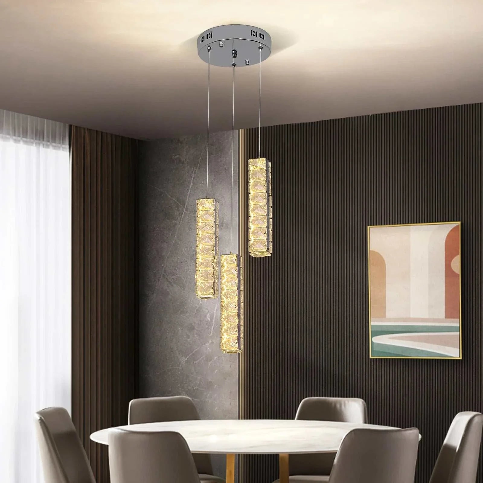 VETRULUS Nordic K9 Crystal LED chandelier with metal craftsmanship and sparkling crystals above modern dining table