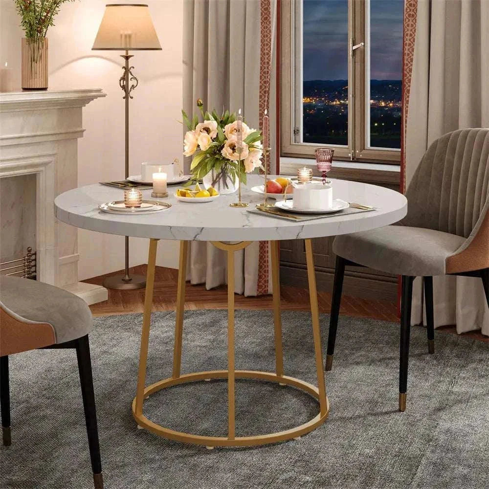 Round dining table 47-inch wooden marble pattern top with gold base for 4 people in elegant dining room setting