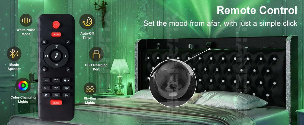 Remote control with LED light panel on a bed, featuring various control options.