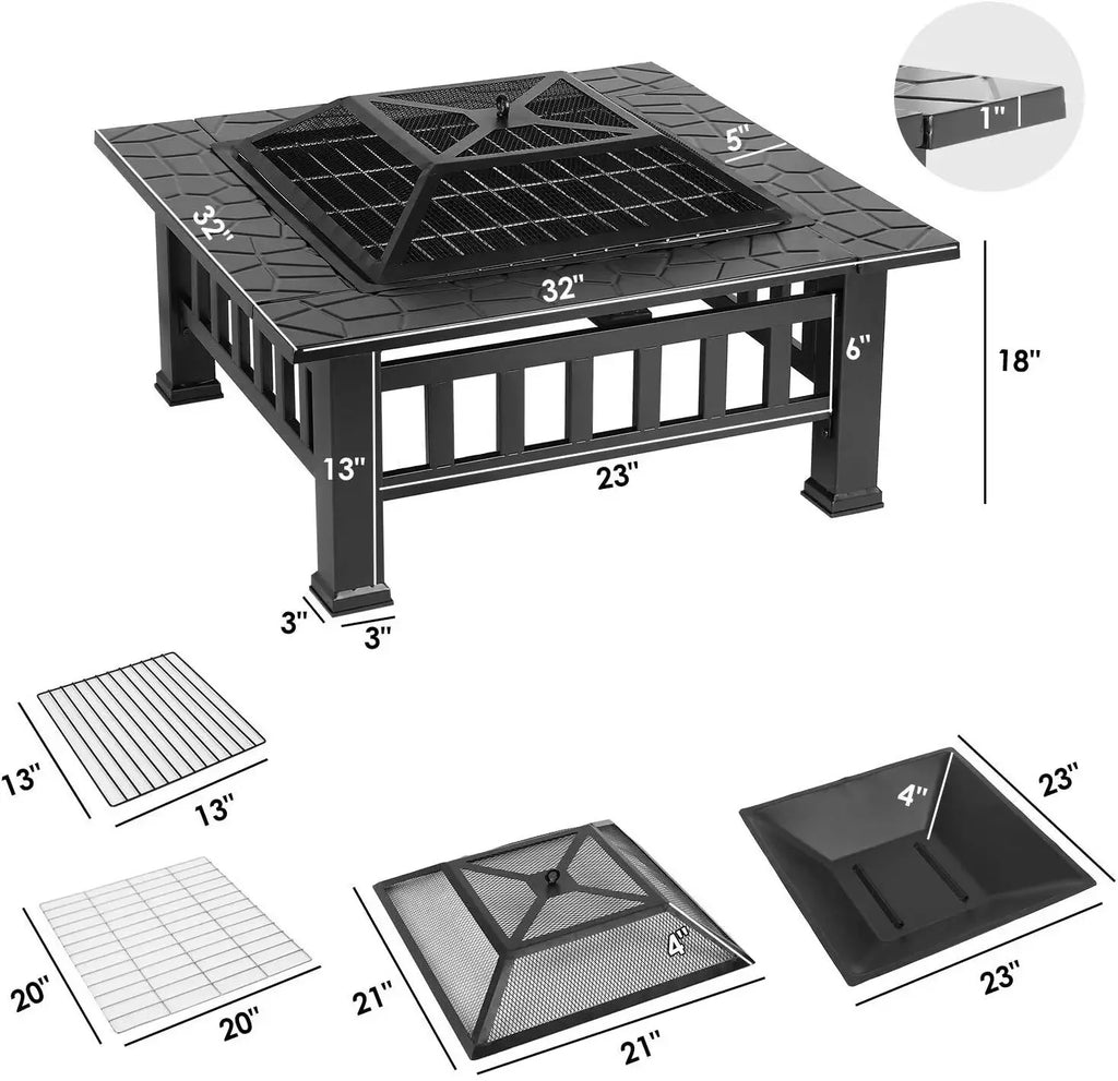 32" Fire Pit Table for Outside,Outdoor Fire Pit Square Wood Burning with Spark Screen Fire Poker for Camping,Backyard,Patio - view 12