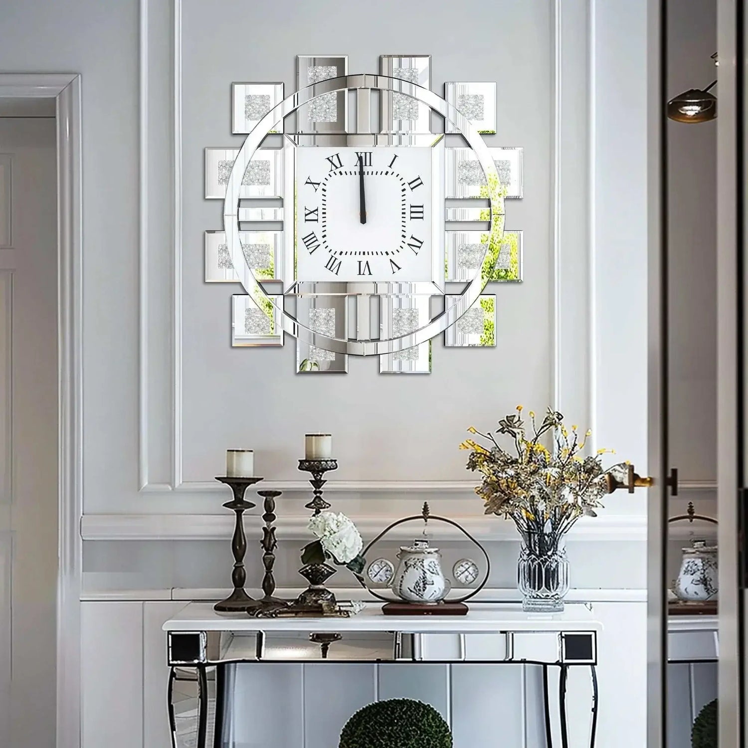 Irregular diamond mirrored wall clock displayed in an elegant interior setting with decorative elements.