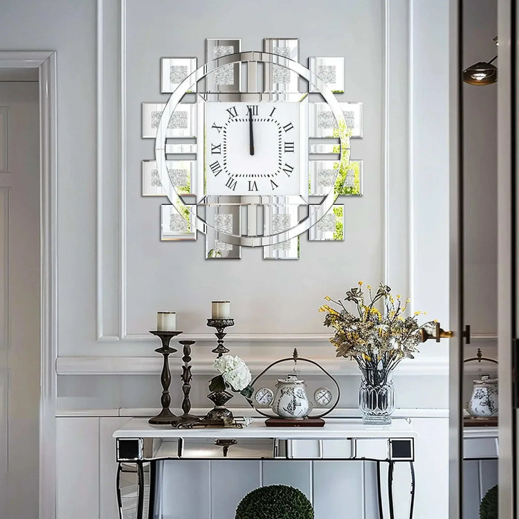 Irregular diamond mirrored wall clock displayed in an elegant interior setting with decorative elements.