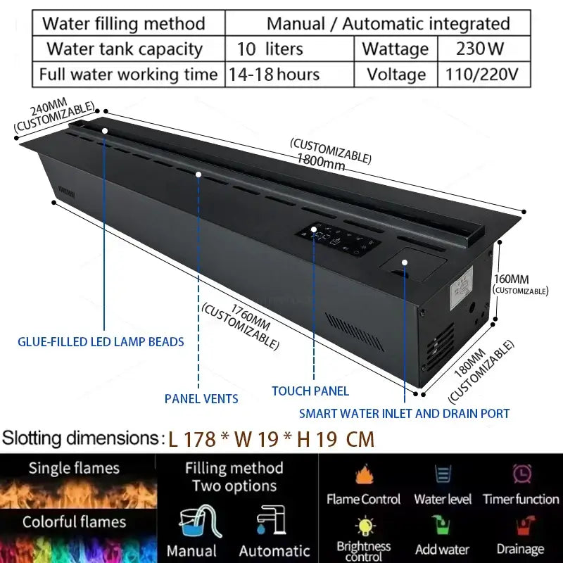 Smart 3D Atomizing Electric Fireplace - Colorful LED Steam Flame, App & Remote Control, Humidifier features and specifications.