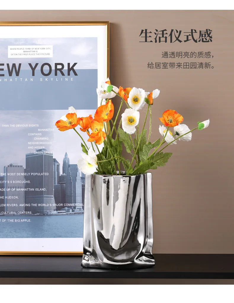 Silver Ruffled Flower Vase Porcelain Ceramic