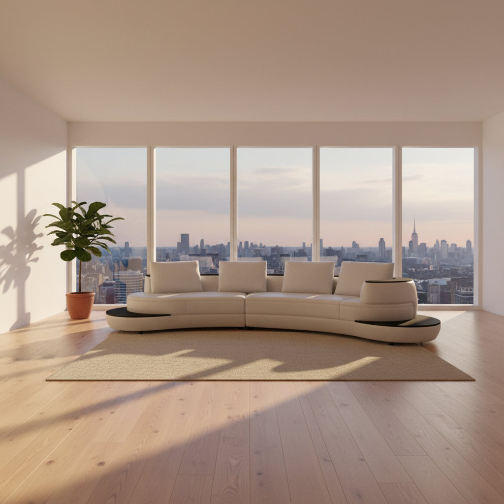 Modern white sofa with black accents with a plant and cityscape in the background