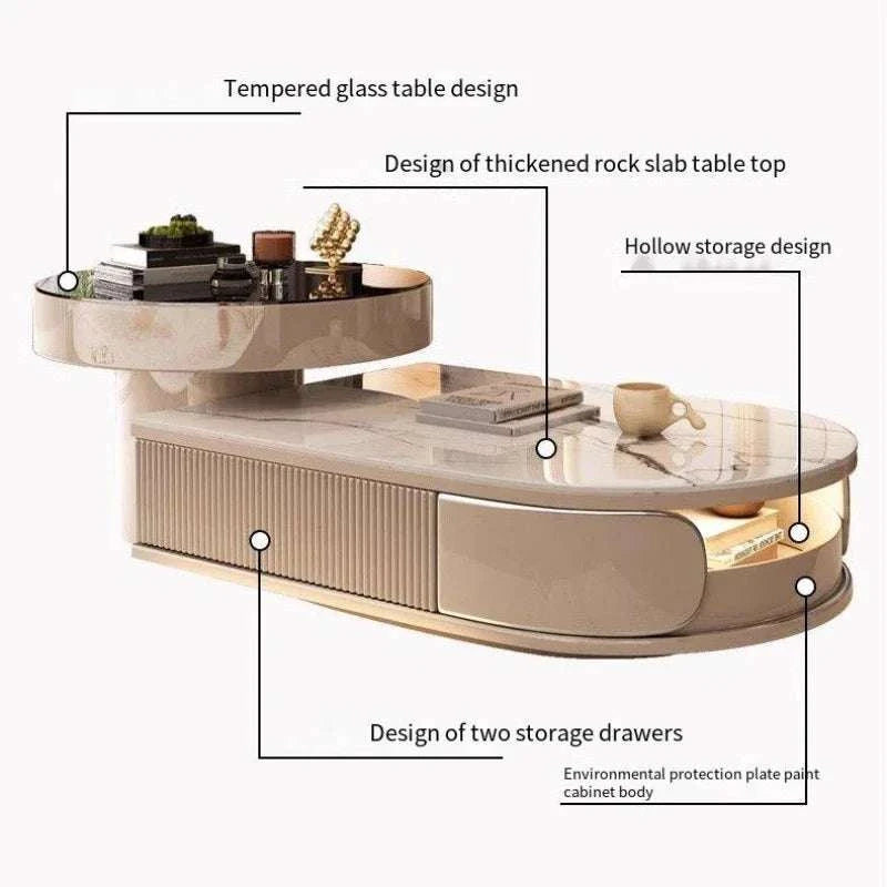 Coffee table with tempered glass top, thick rock slab design, and storage drawers.