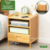 Wooden nightstand with shelves and a drawer, featuring dimensions and product details.