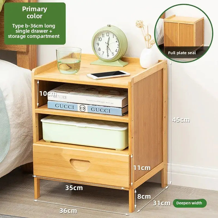 Wooden nightstand with shelves and a drawer, featuring dimensions and product details.