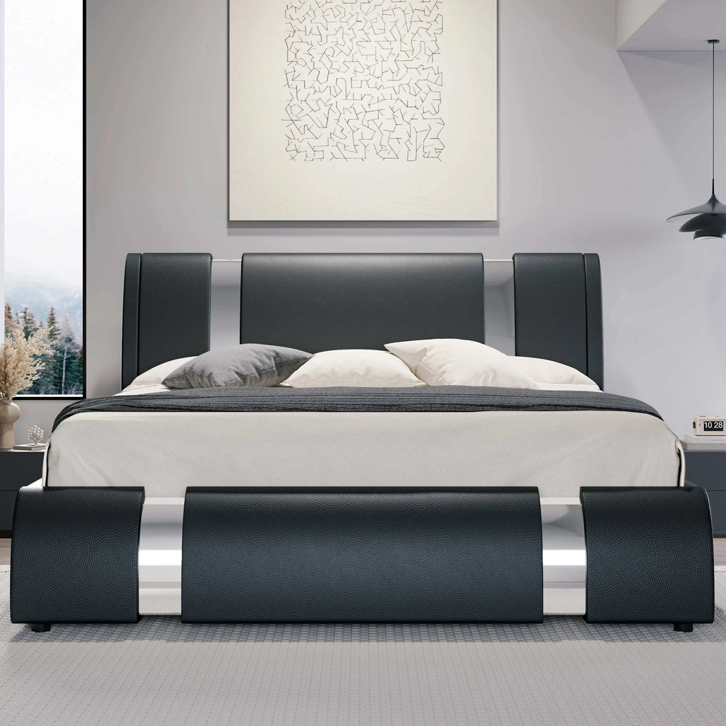 Modern Faux Leather Bed - Adjustable Headboard Bed Frame