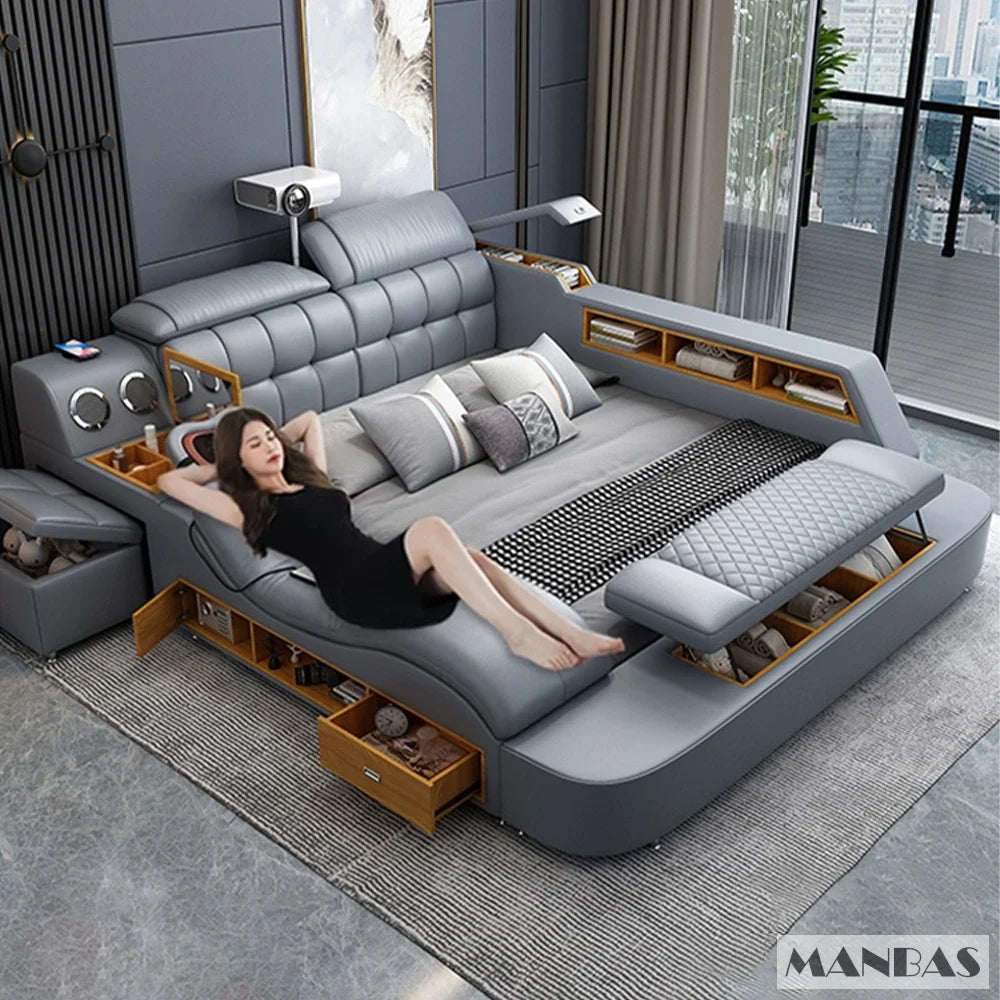 Woman relaxing on a modern gray bed with wooden drawers in a stylish room.