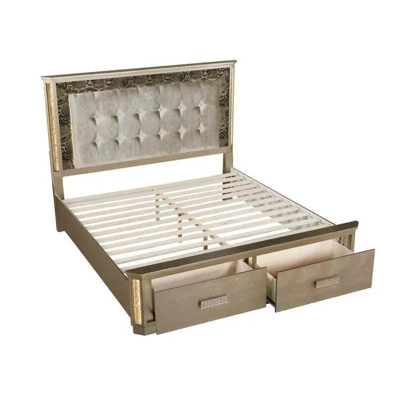 Silver bed frame with tufted headboard and storage drawers on a white background