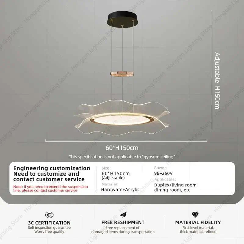Round Modern LED Ceiling Chandelier with adjustable height, minimalist Nordic design, and acrylic hardware for living room or dining area.