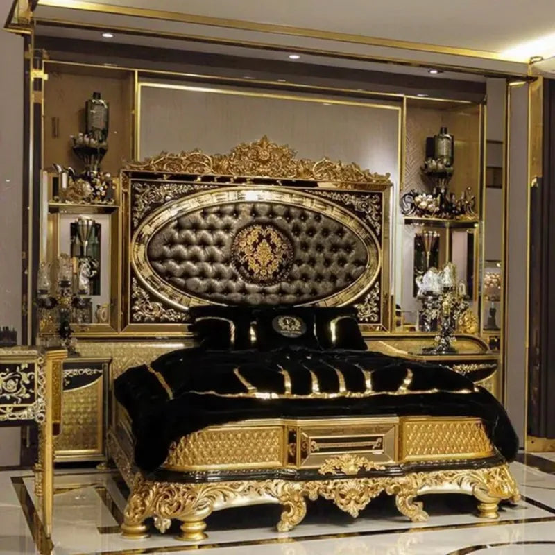Turkish Middle East Eastern Luxury Antique Royal Hand Carved Bed Room Furniture Set Five Pieces Black Gold African American - view 1