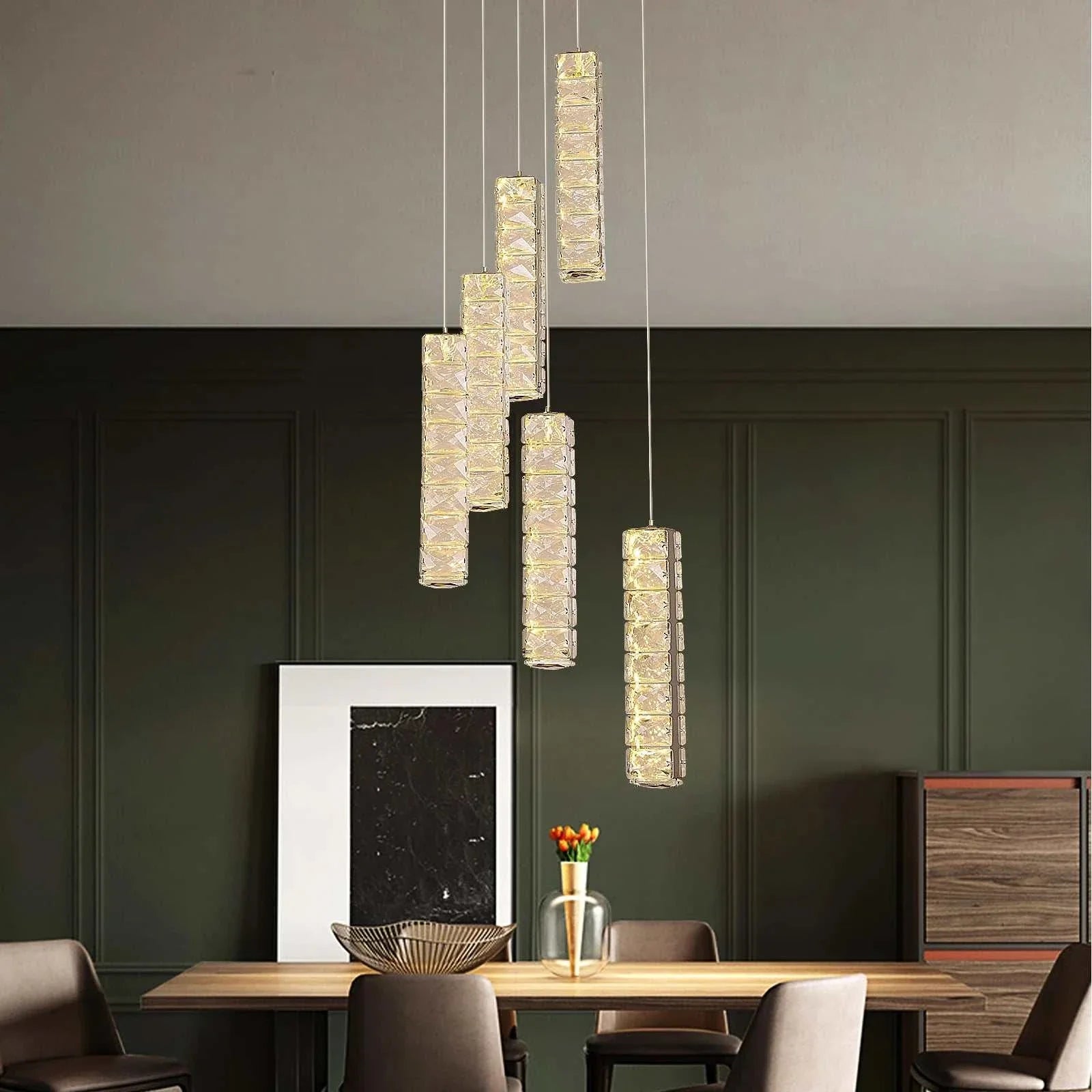 VETRULUS Nordic K9 Crystal LED chandelier with metal craftsmanship and sparkling crystals over dining table in modern room