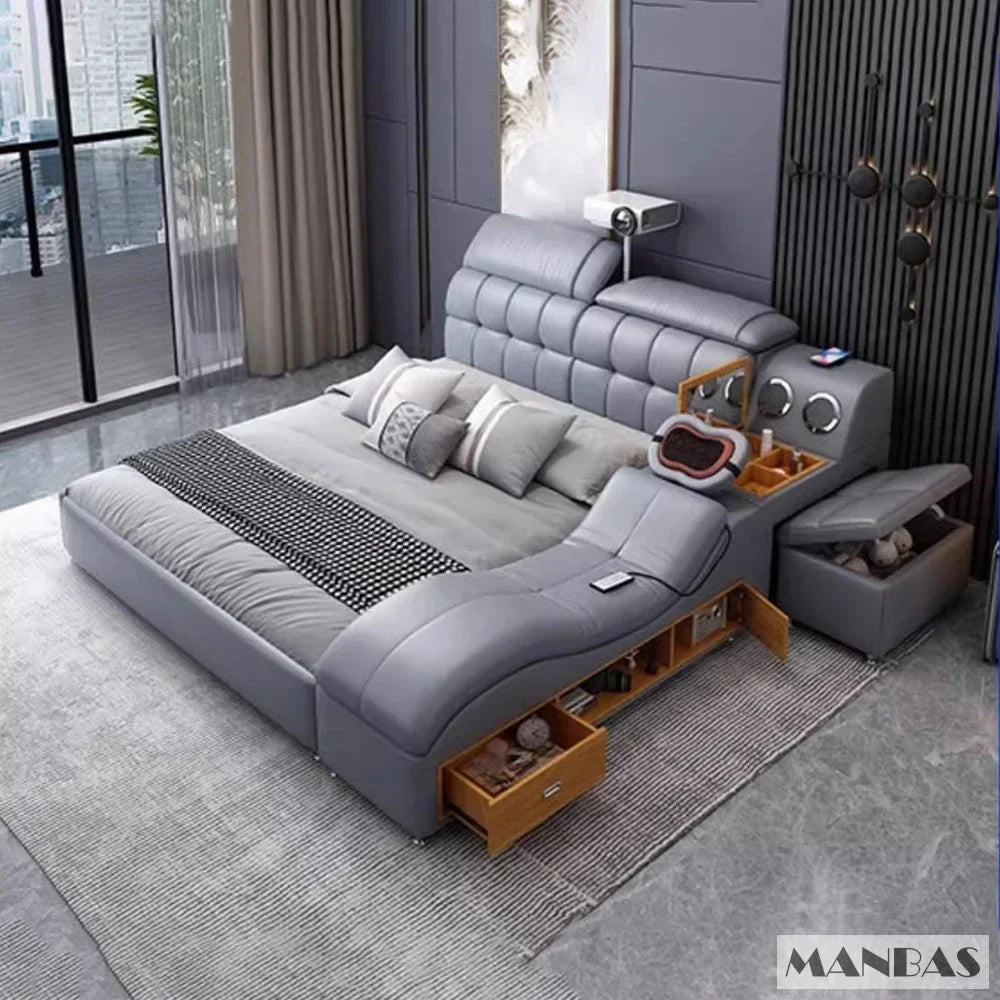 Modern gray bed with storage drawers in a stylish room setting.