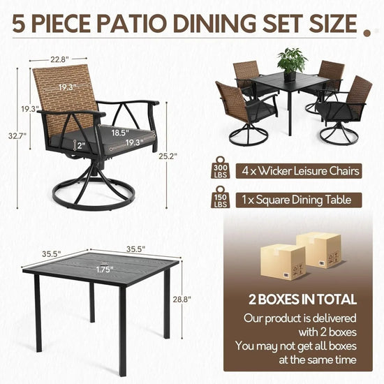 5-piece patio dining set with dimensions and weight details on a white background