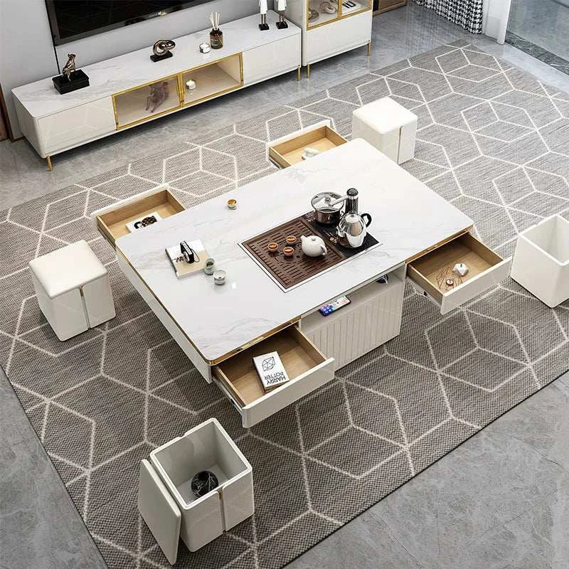 Modern living room with a multifunctional coffee table and storage drawers.