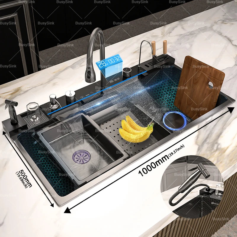 Stainless Steel Kitchen Sink with Waterfall. Digital Display Multifunctional