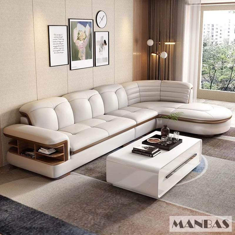 Luxury L-Shaped Genuine Leather Sectional Sofa Sets with USB, Bluetooth Speaker
