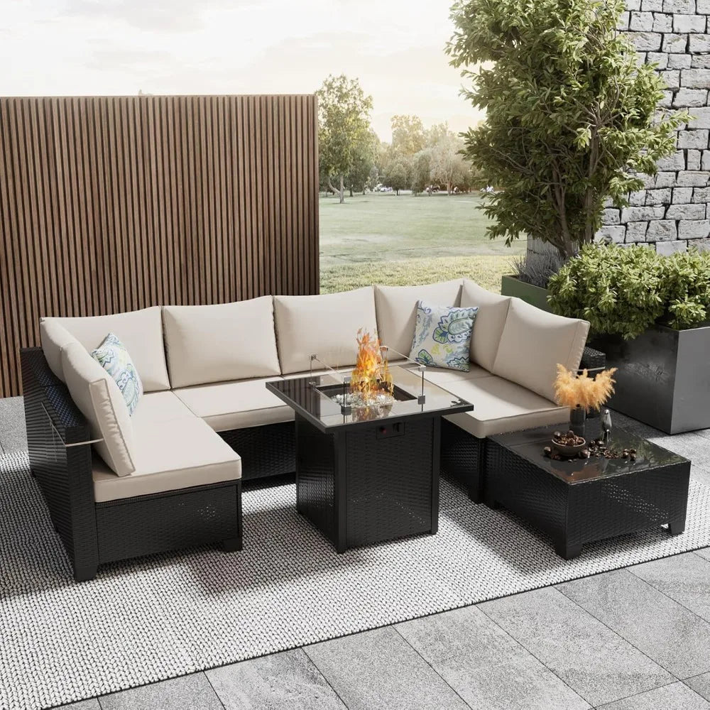 8 Pcs Patio Furniture Set with Fire Pit Table