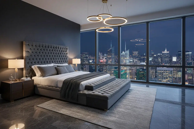 Modern upholstered king size bed with tufted headboard in a contemporary bedroom with city view.