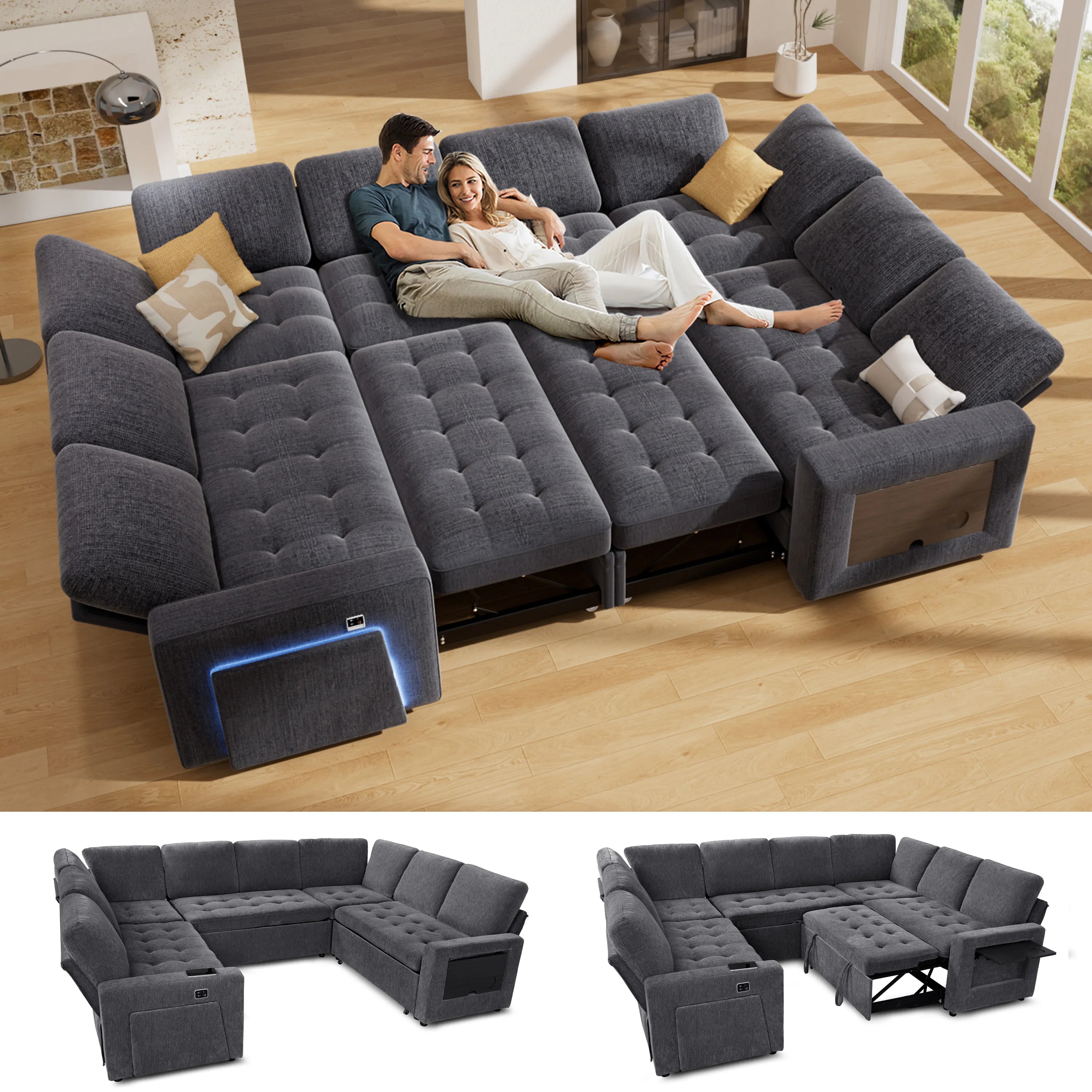 Hcore Large U-Shaped Modular Sectional (8-Seat) - Pull Out Bed Sleeper, Reclining Backrest, USB Ports, LED Light, Storage Seat - view 2