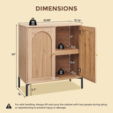 Modern buffet cabinet with storage dimensions and features illustration, showing arched design and adjustable shelves.