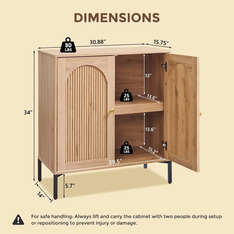 Modern buffet cabinet with storage dimensions and features illustration, showing arched design and adjustable shelves.