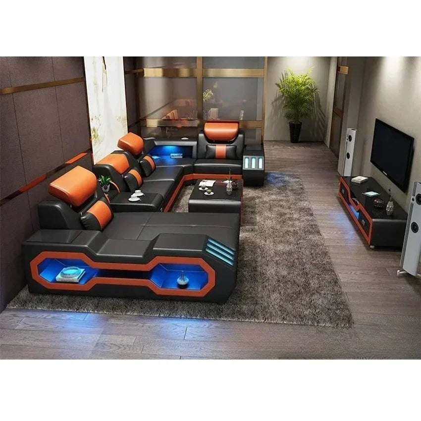 Modern black and orange sectional sofa in a living room setting with decorative elements.
