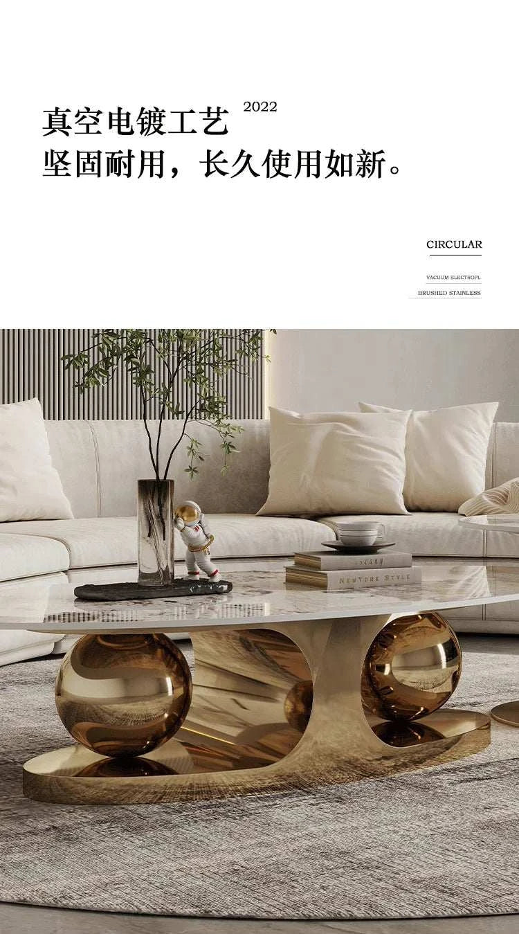 Modern living room with a marble coffee table, white sofa, and decorative elements.