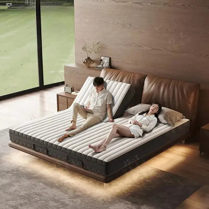 Luxury adjustable smart bed with a durable metal frame in a modern bedroom with two people relaxing.