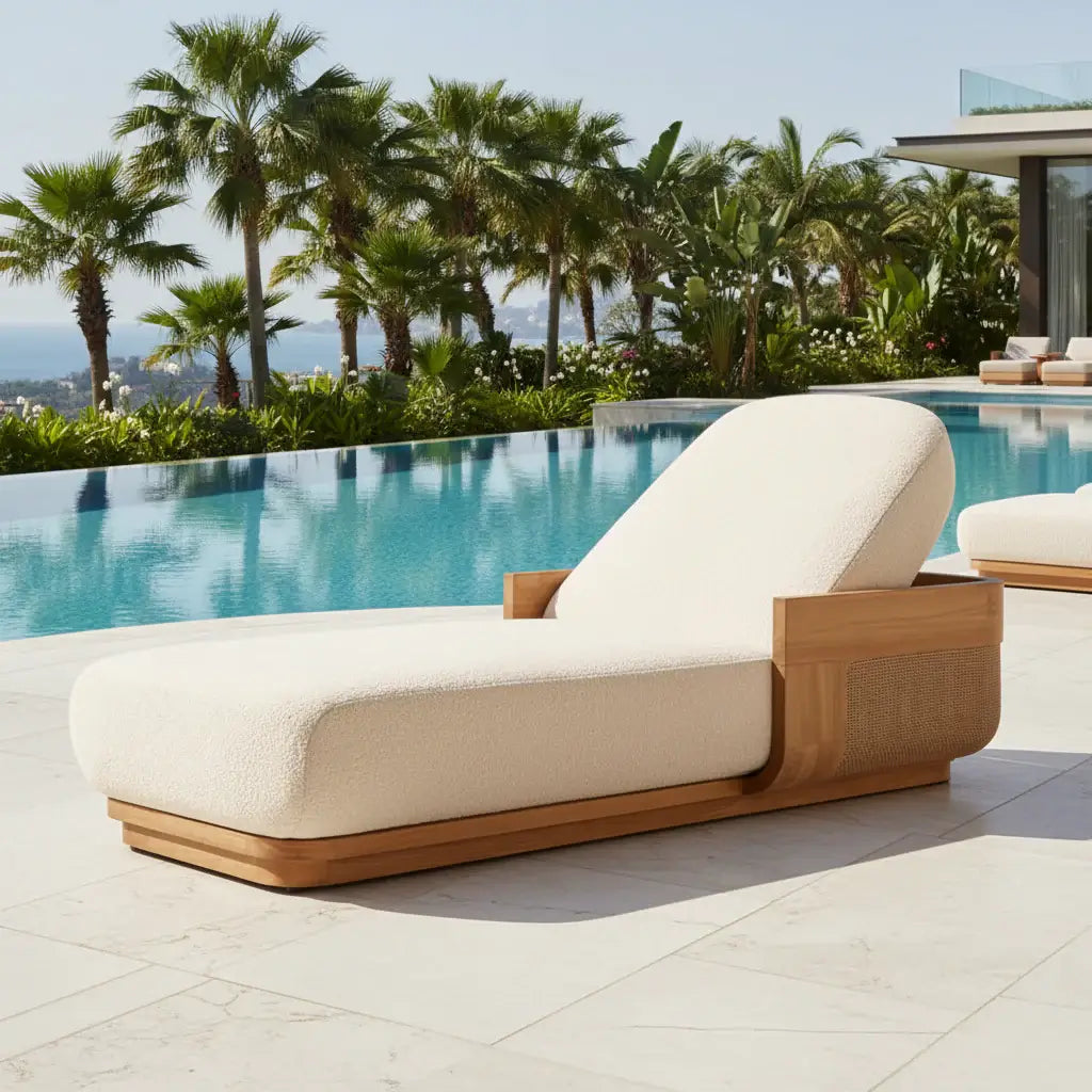 Solid Teak Wood Outdoor Sun Lounger Chaise by the poolside with lush greenery in the background.