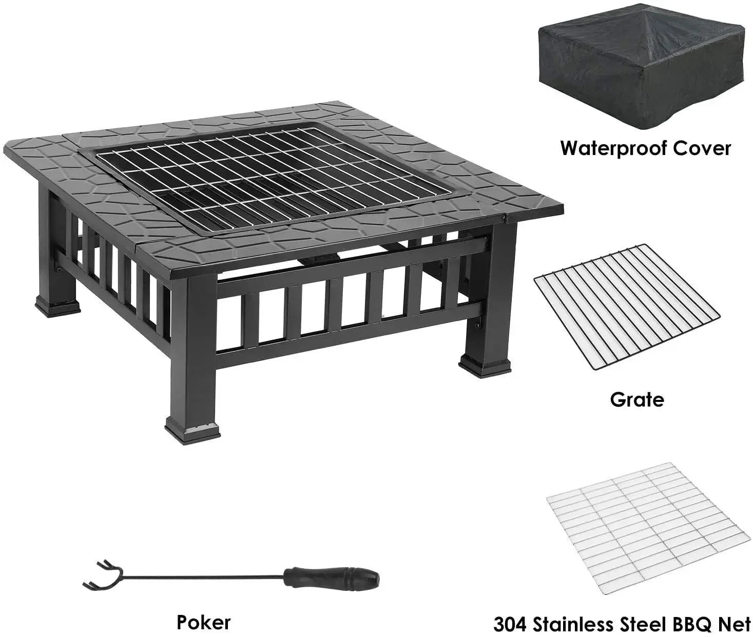 32" Fire Pit Table for Outside,Outdoor Fire Pit Square Wood Burning with Spark Screen Fire Poker for Camping,Backyard,Patio - view 6
