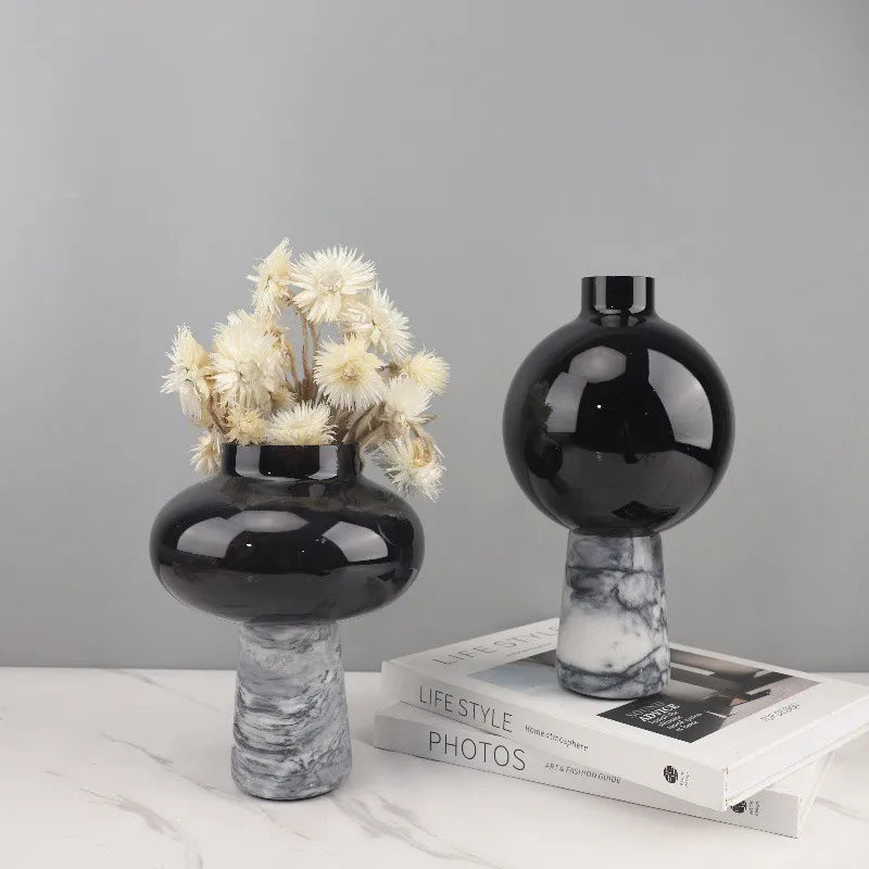 Marble-Effect Glass Vase | Hydroponic & Floral Desktop Accent