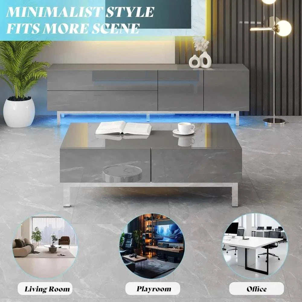 Gray coffee table with decorative items in a modern living room setting, featuring text about minimalist style.