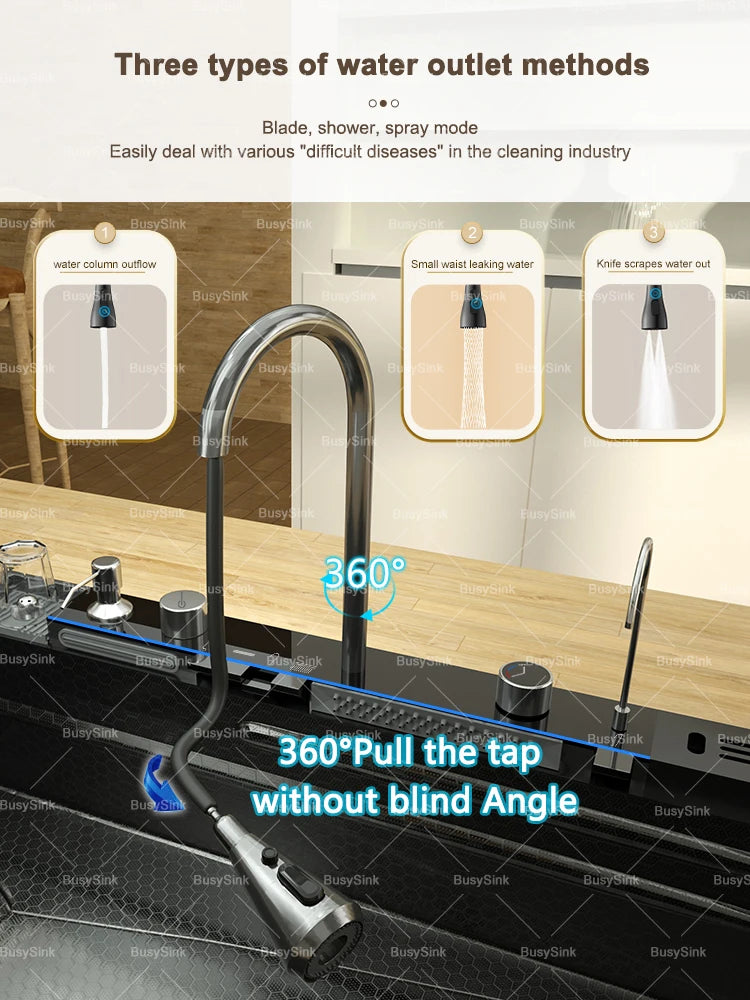Stainless Steel Kitchen Sink with Waterfall. Digital Display Multifunctional