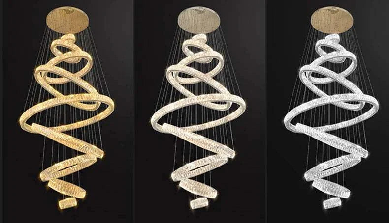 Modern hall chandelier with spiral design and soft LED lighting in warm, neutral, and cool tones