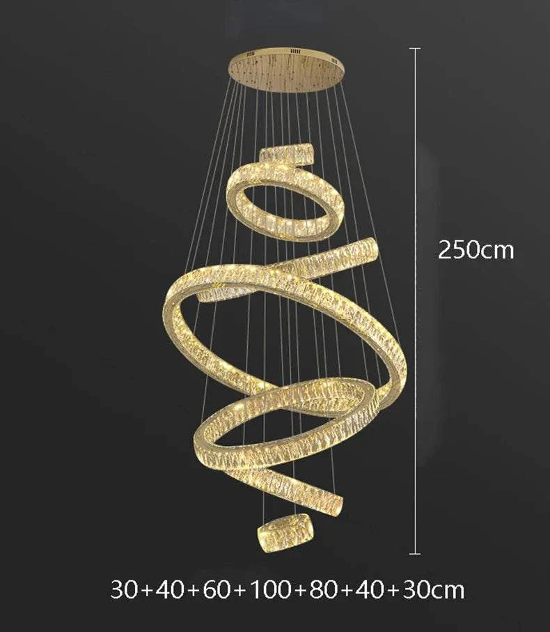 Elegant hall chandelier with contemporary spiral LED design and warm lighting for indoor décor