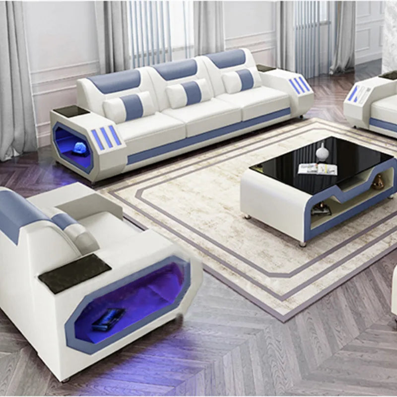 Modern living room with futuristic sofa and coffee table design.