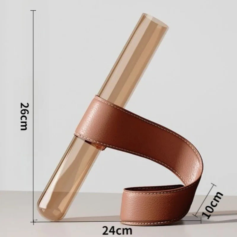 Tubular Glass Vase with Leather Bracket | Nordic Luxury Tabletop Accent