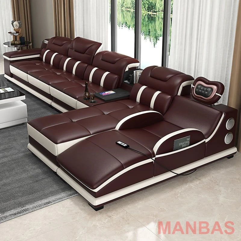 MANBAS Italian Genuine Leather Sectional Massage Sofa with Bluetooth, Speaker, Functional Headrest