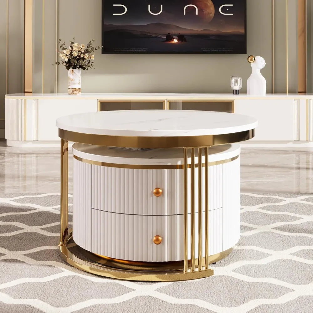 Modern 27.6" Two-Tier Round Nesting Coffee Tables with Drawers in Gold and White