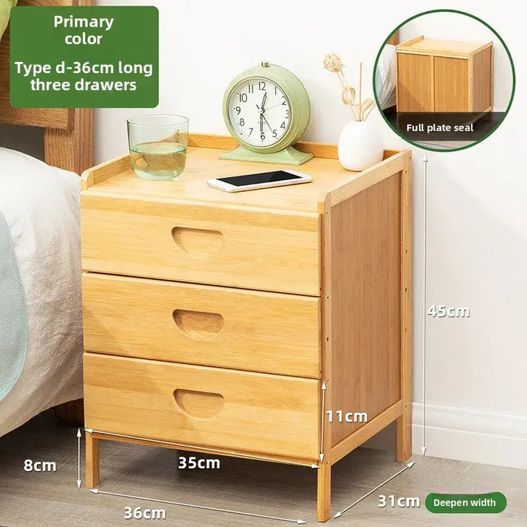 Wooden nightstand with three drawers, measurements, and product details.