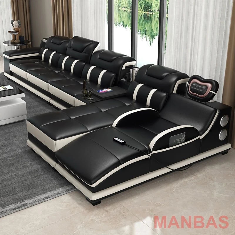 MANBAS Italian Genuine Leather Sectional Massage Sofa with Bluetooth, Speaker, Functional Headrest