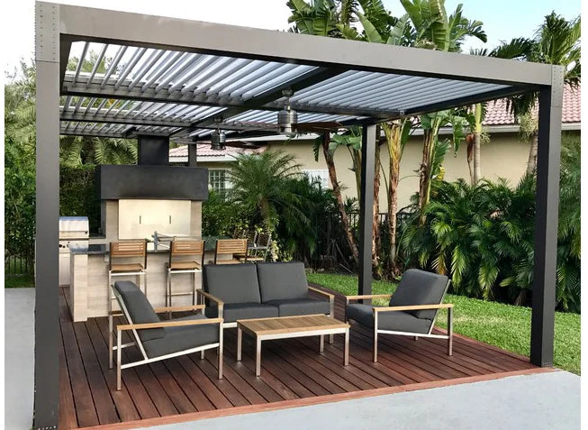 Outdoor patio with pergola, furniture, and barbecue area in a garden setting.
