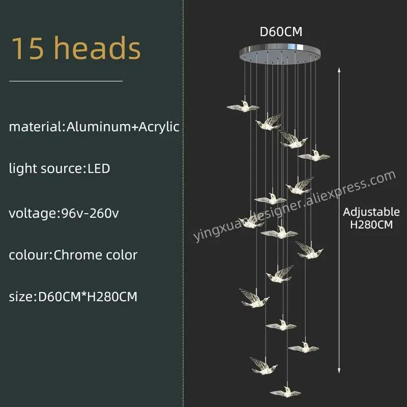 Chandelier with 15 heads, material details, and dimensions on a dark background