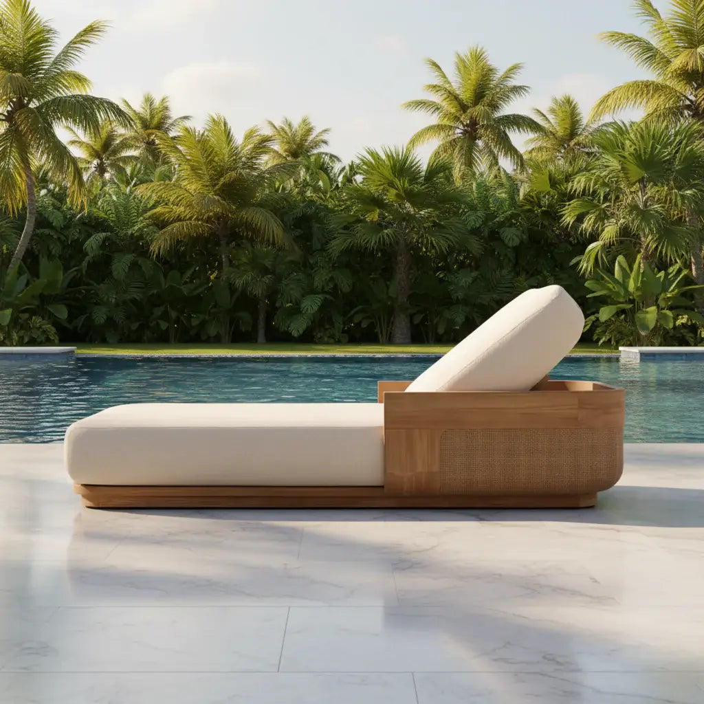 Solid Teak Wood Outdoor Sun Lounger Chaise with plush cushions by the poolside surrounded by lush greenery.