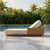 Solid Teak Wood Outdoor Sun Lounger Chaise with plush cushions by the poolside surrounded by lush greenery.